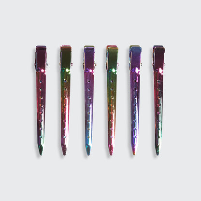 KITSCH Iridescent Styling Hair Clips 6pc Set — flat lay — six iridescent clips on white, salon-quality sectioning clips