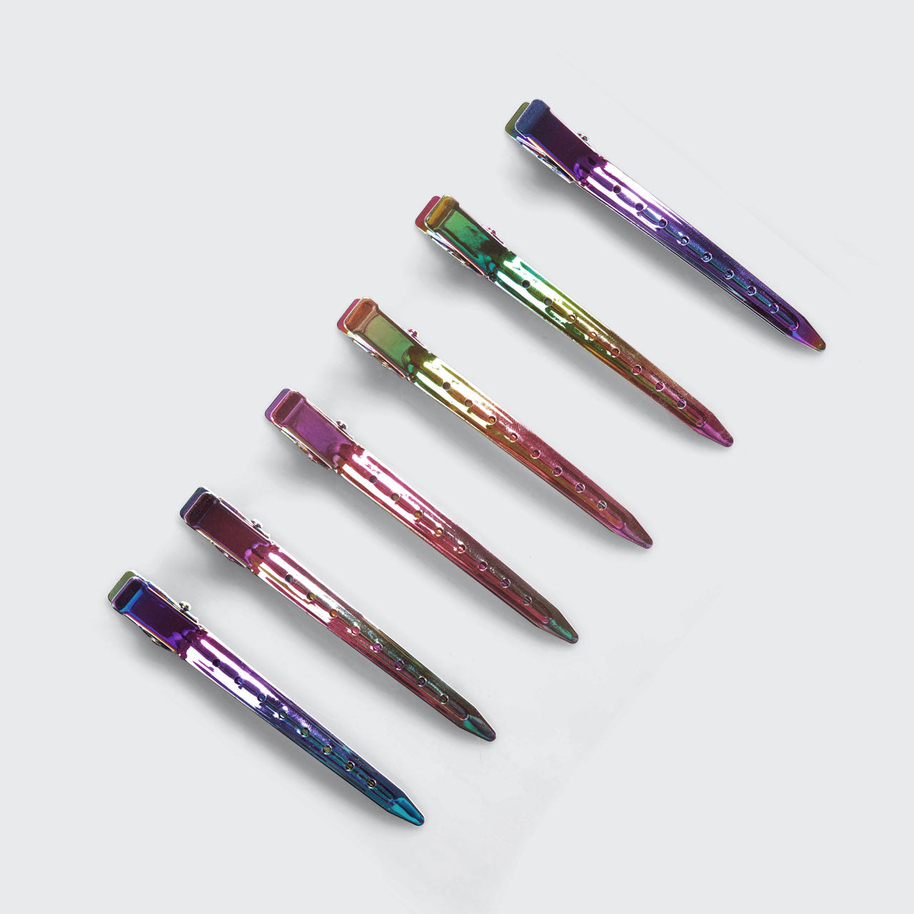 KITSCH Iridescent Styling Hair Clips 6pc Set — six iridescent styling clips arranged in a row — durable salon clips for cutting, curling, and blow drying