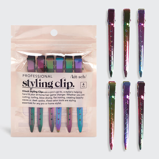 KITSCH Iridescent Styling Hair Clips 6pc Set — hero product shot — six iridescent styling clips displayed beside the branded packaging — pro and at-home sectioning clips