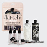Kitsch Black & Ivory Travel Bottles 11pc Set laid out showing all pieces including bottles, jars, and spray