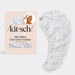 Kitsch Microfiber Hair Towel in Micro Dot pattern with product packaging, designed to gently dry hair, reduce frizz, and absorb moisture without heat damage.