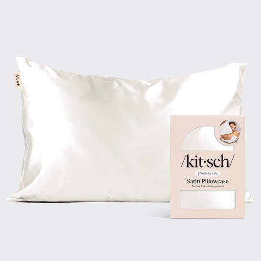 Kitsch Satin Pillowcase in Ivory – standard-size ivory satin pillowcase on a clean neutral background