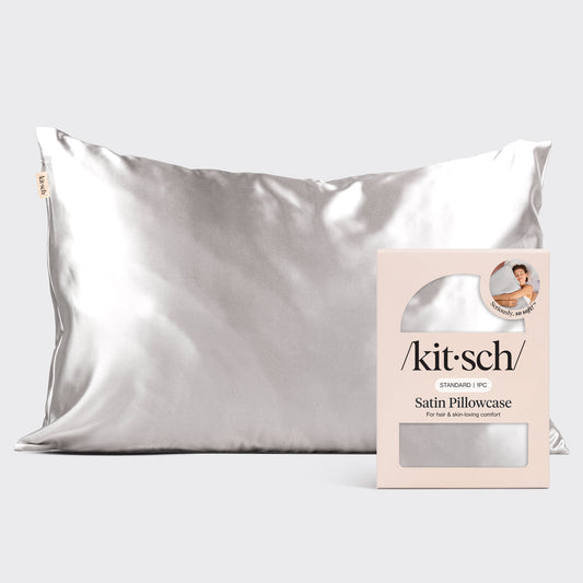 Kitsch Satin Pillowcase in Silver – standard-size silver satin pillowcase on a clean neutral background