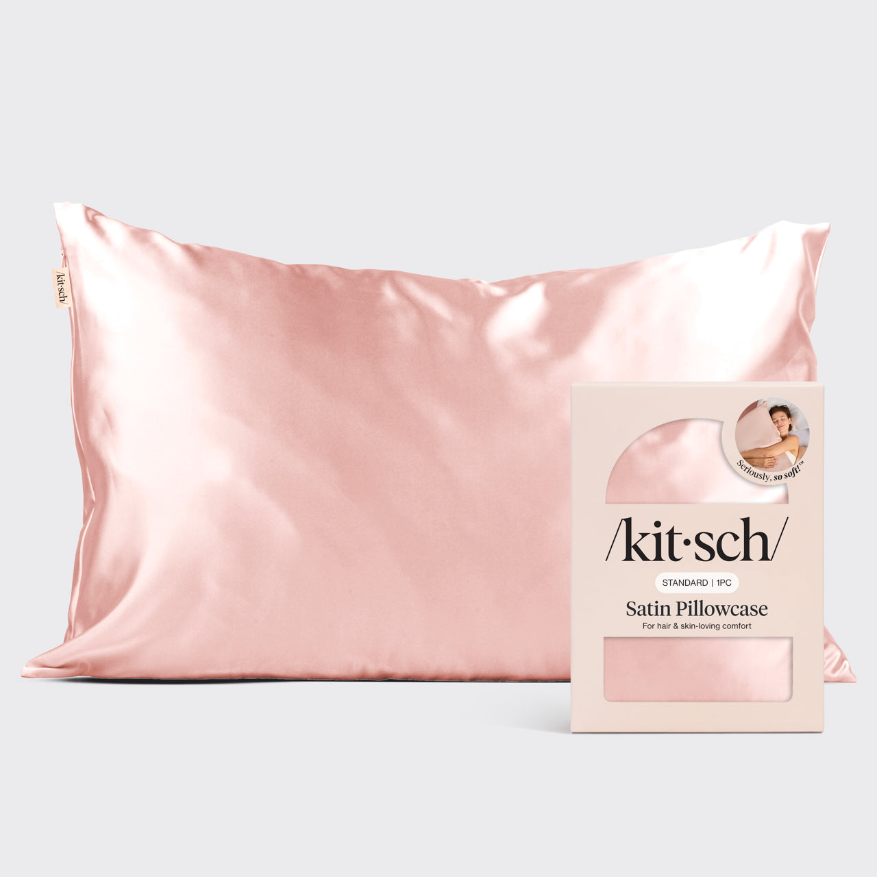 Kitsch Satin Pillowcase in Blush – standard-size blush-pink satin pillowcase on a clean neutral background