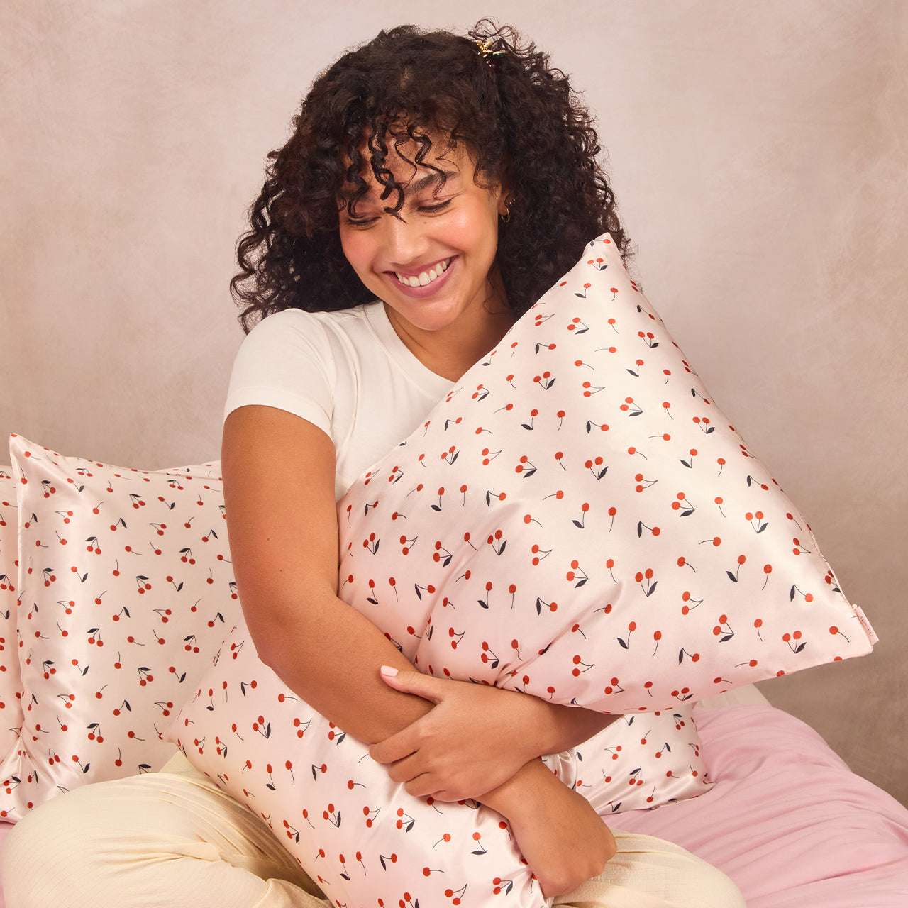 KITSCH Cherry Print King Satin Pillowcase — cherry print detail