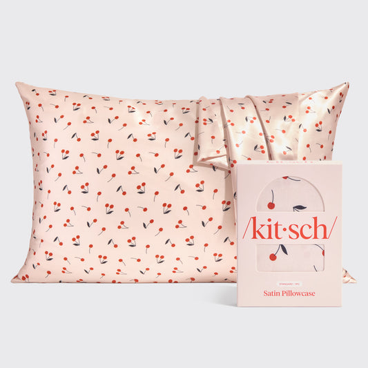 Kitsch Satin Pillowcase in Cherry Print – standard-size cherry-pattern pillowcase on a soft neutral background