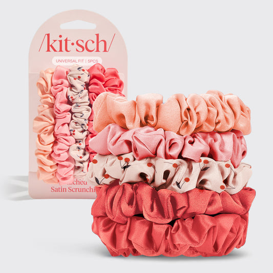 KITSCH Cherry Blossom Ruched Satin Scrunchies 5pc Set — hero product shot — 5 ruched satin scrunchies in cherry blossom pink tones — silky texture with gentle snag-free hold