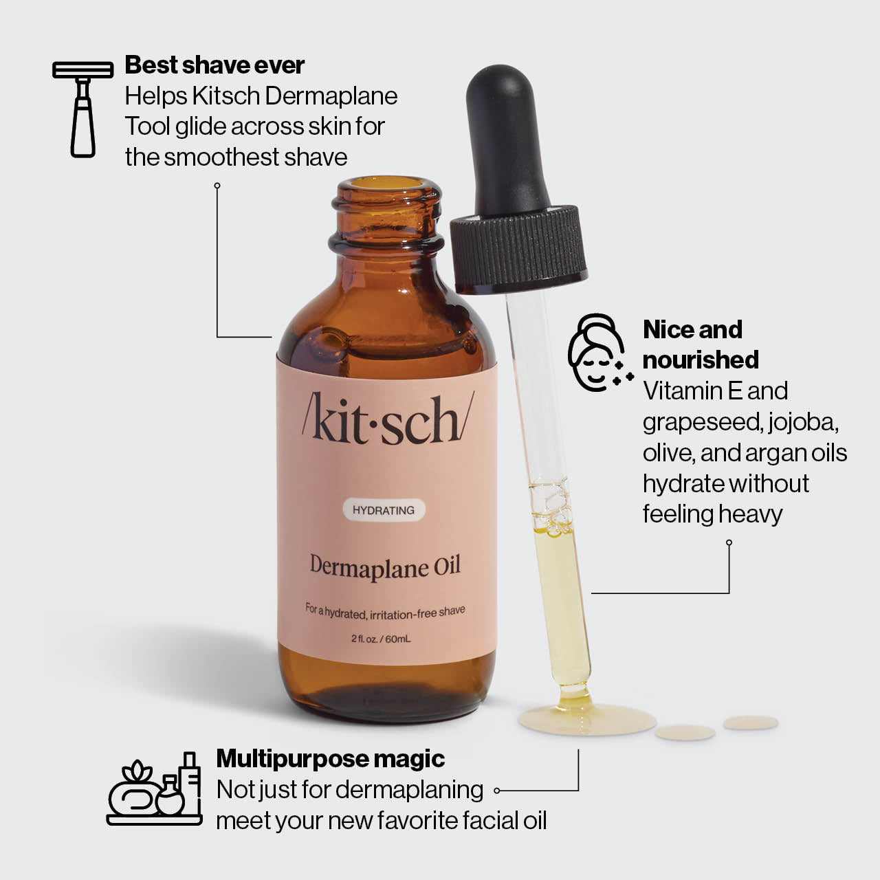 KITSCH Hydrating Dermaplane Oil — ingredient close-up — formulated with grapeseed, jojoba, argan, and olive oils — nourishing pre-shave oil for face