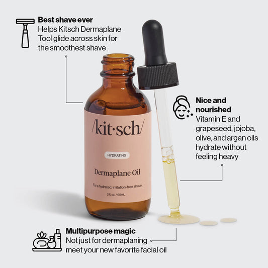 KITSCH Hydrating Dermaplane Oil — ingredient close-up — formulated with grapeseed, jojoba, argan, and olive oils — nourishing pre-shave oil for face