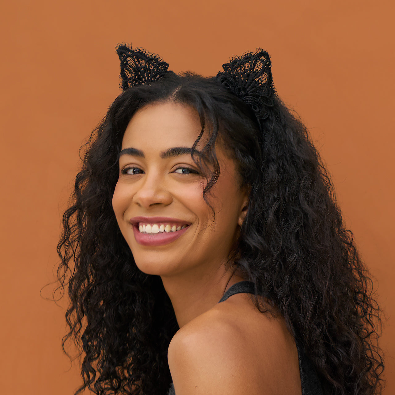 KITSCH Black Cat Lace Headband & Mask — close-up of intricate black cat lace headband worn on model — ideal for Halloween parties and themed dress-up