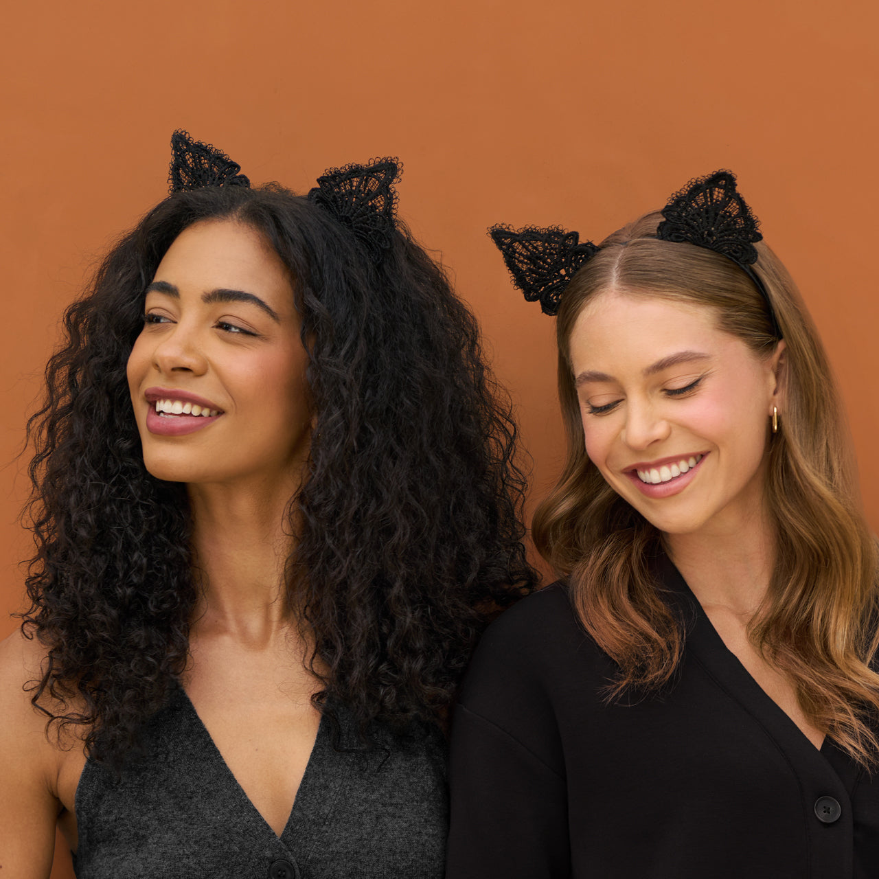 KITSCH Black Cat Lace Headband & Mask — model with black cat lace headband and mask at Halloween event — comfy, secure fit that stays in place all night