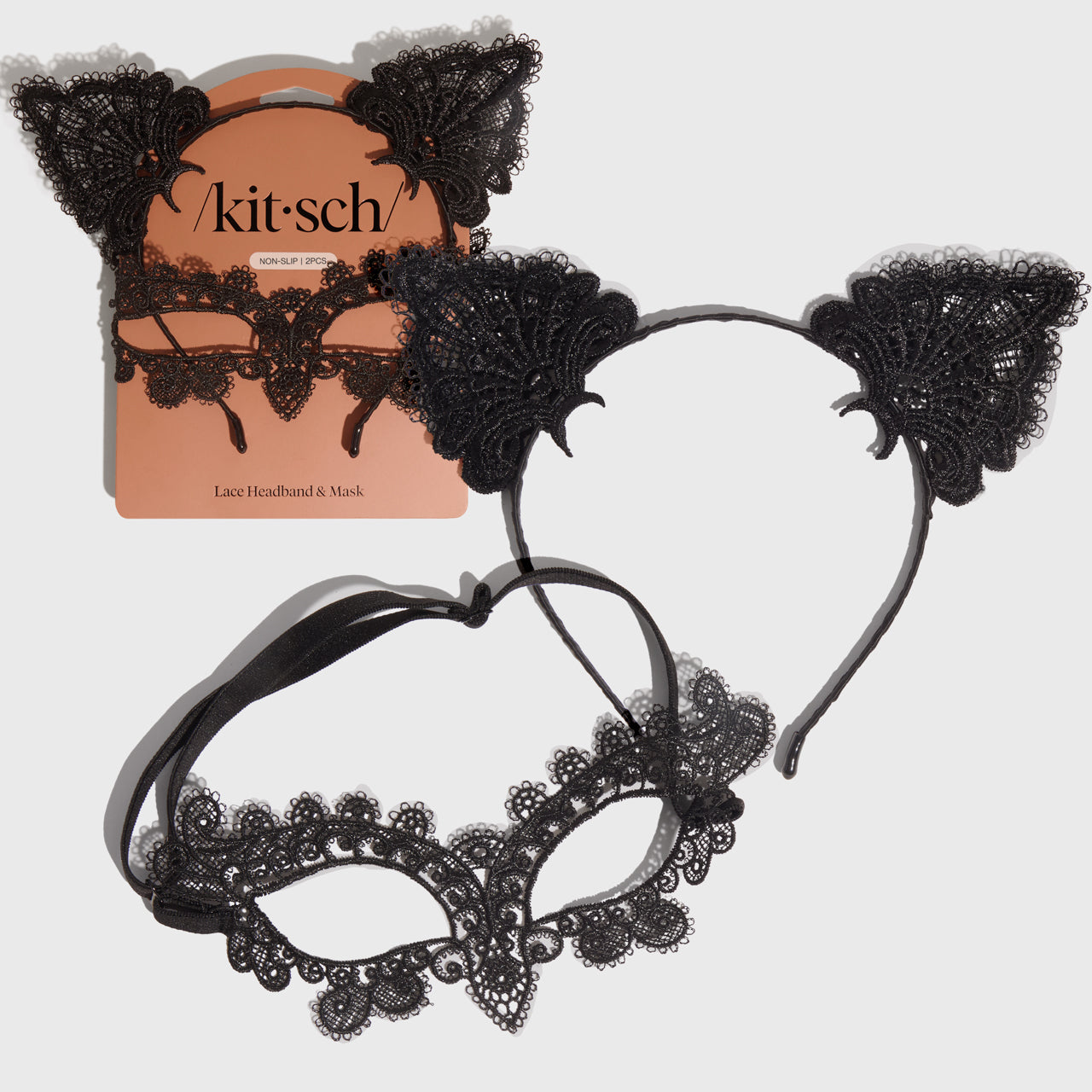 KITSCH Black Cat Lace Headband & Mask — hero product shot of intricate black lace headband and mask set — bold Halloween accessory for a mysterious vibe