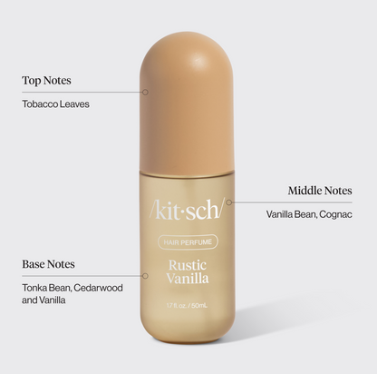 Kitsch Rustic Vanilla Hair Perfume scent notes infographic with top, middle, and base notes
