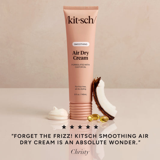 KITSCH Smoothing Air Dry Cream — 5-star customer review graphic — 24-hour frizz control that keeps hair soft, polished, and touchably smooth — free from parabens, phthalates, sulfates, and artificial dyes