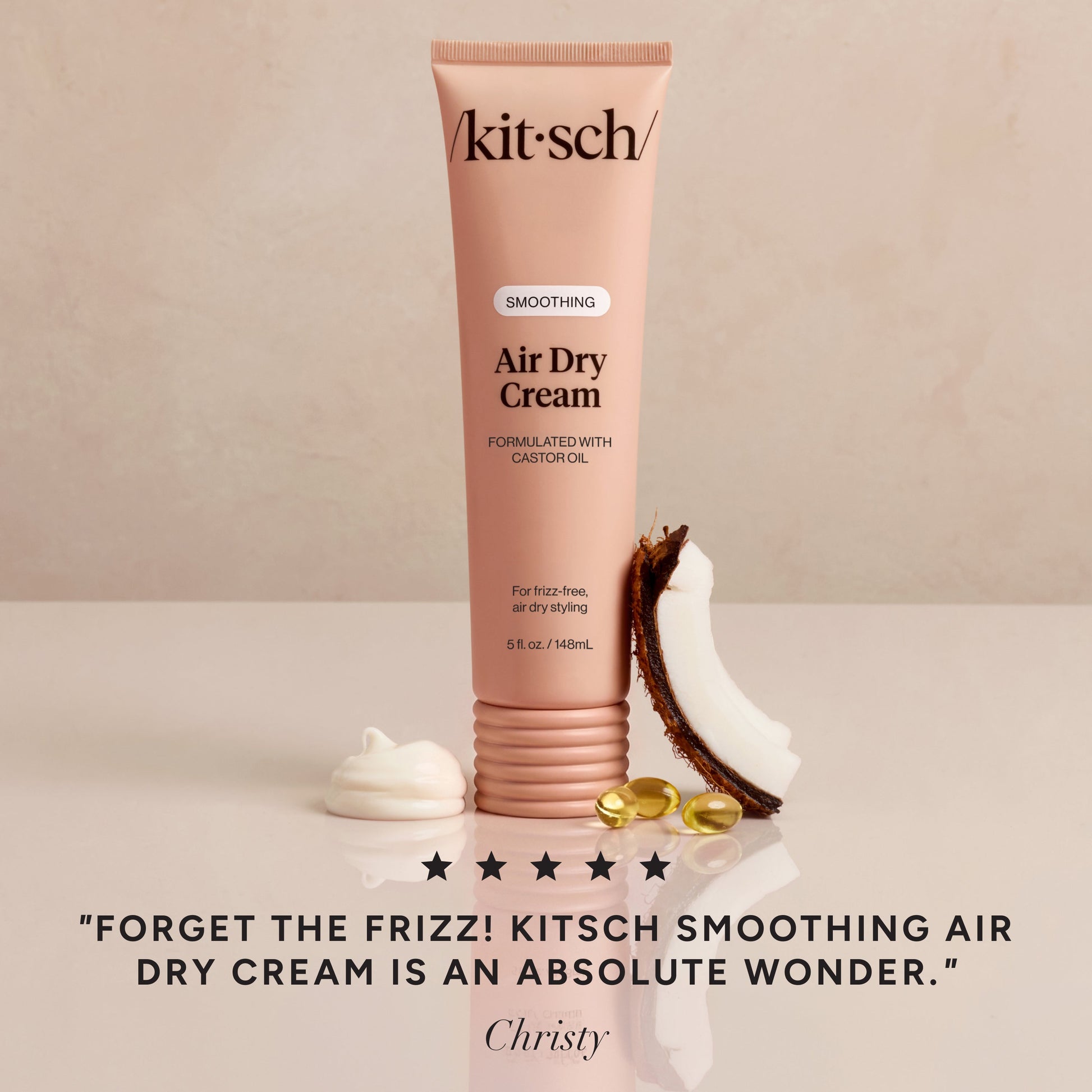 KITSCH Smoothing Air Dry Cream — 5-star customer review graphic — 24-hour frizz control that keeps hair soft, polished, and touchably smooth — free from parabens, phthalates, sulfates, and artificial dyes