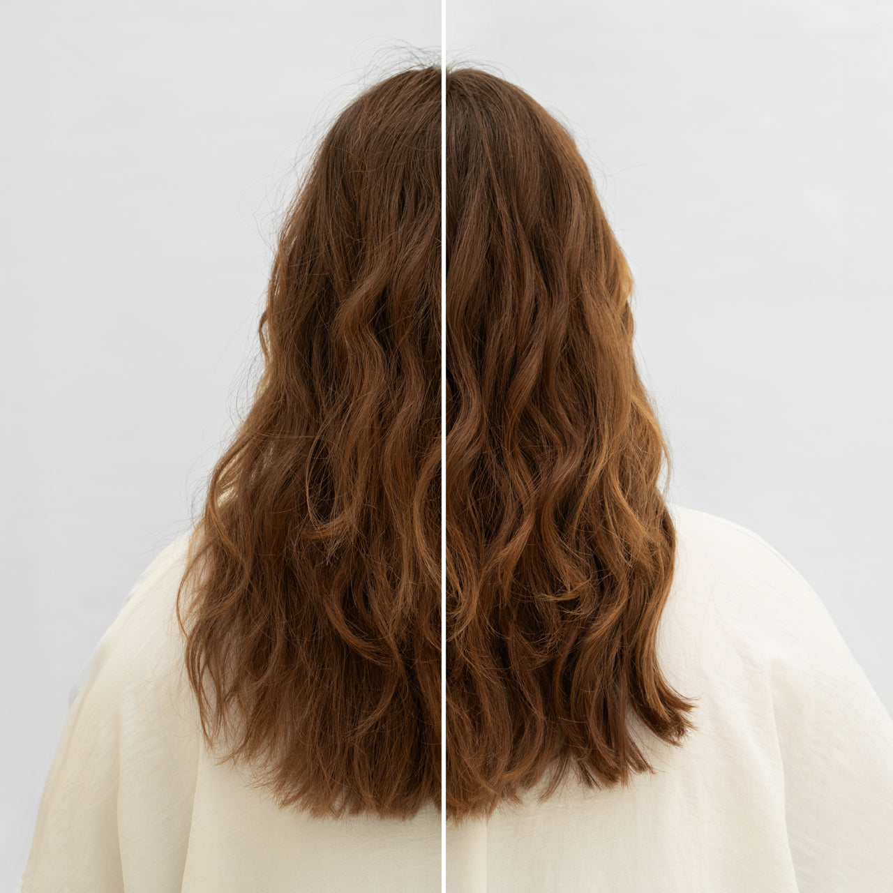 KITSCH Smoothing Air Dry Cream before-and-after model shot — back view contrasting frizzy, undefined hair on the left with smooth, defined air-dried texture on the right after using the cream