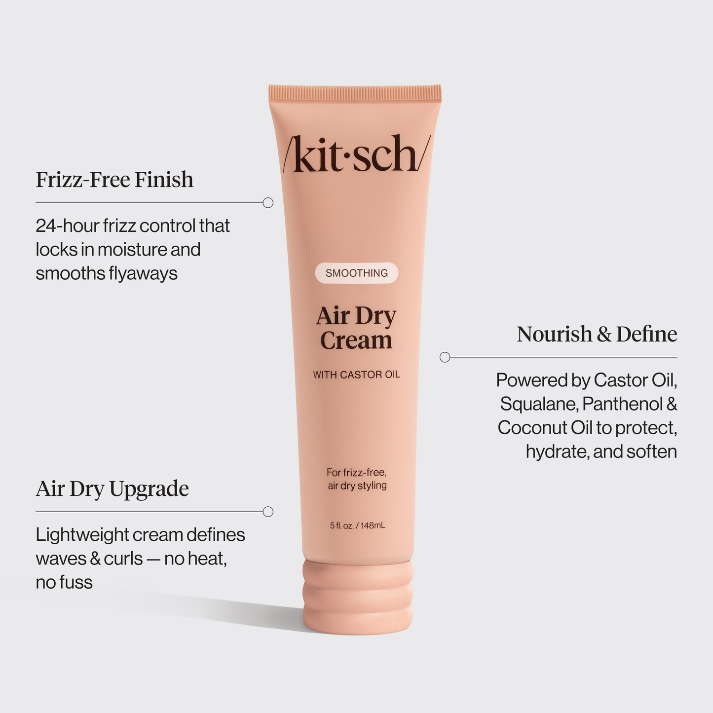 Kitsch Smoothing Air Dry Cream styled with a 5-star customer review on a warm background