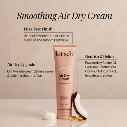 KITSCH Smoothing Air Dry Cream — feature infographic — formulated with Castor Oil, Squalane, Panthenol & Coconut Oil — nourishes, hydrates, and protects — featherweight formula for frizz-free air-dried results