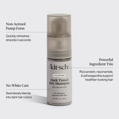KITSCH Volumizing Rice Protein Dry Shampoo Dark Tinted 1 oz — product infographic — Extends your hairstyle with instant volume and quick oil absorption — no added fragrance, packaging made with 30% PCR materials
