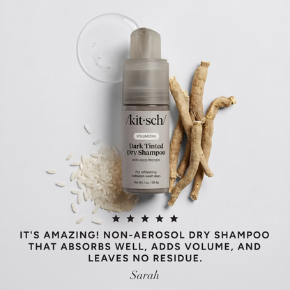 KITSCH Volumizing Rice Protein Dry Shampoo Dark Tinted 1 oz — 5-star customer review graphic — Enriched with rice protein, niacinamide & ashwagandha to help support healthier-feeling hair — non-aerosol pump free from harsh pollutants like butane and propane