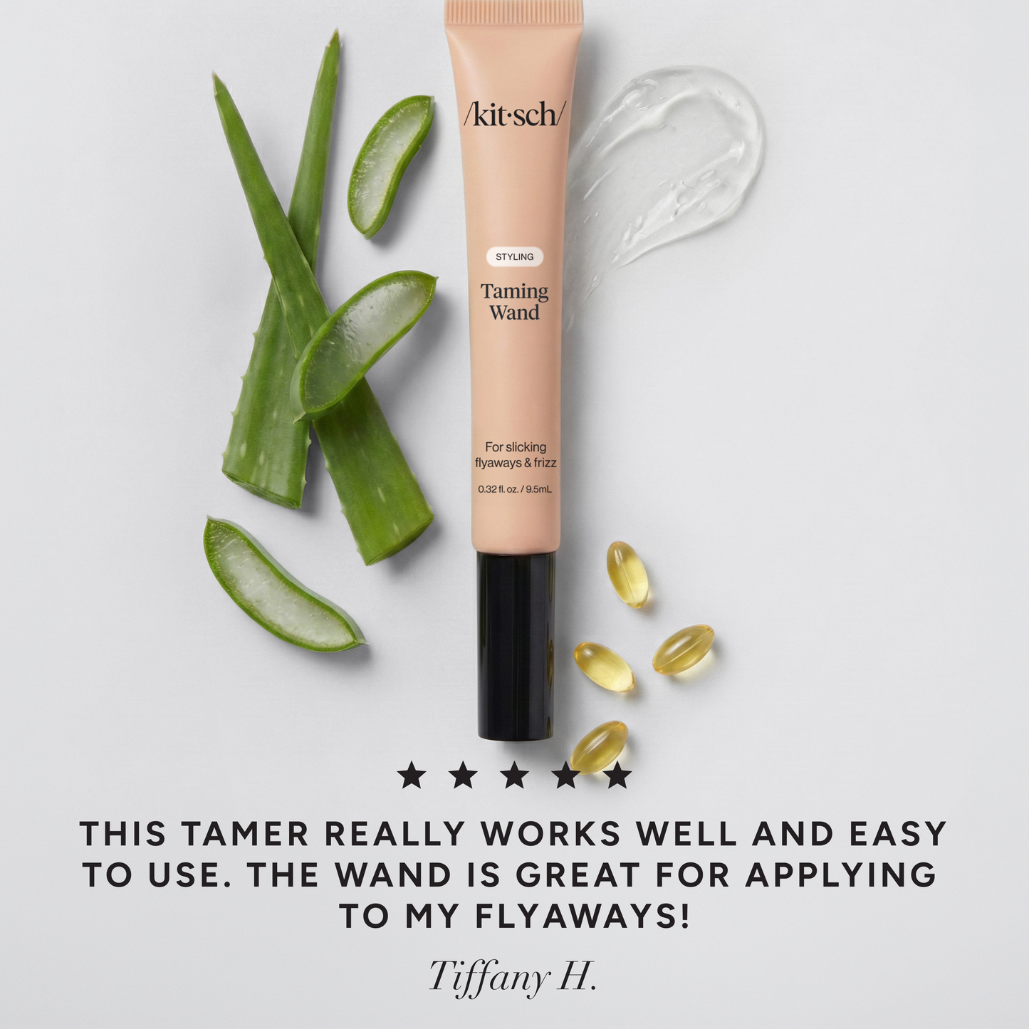 KITSCH Styling Taming Wand — 5-star customer review graphic — Enriched with nourishing biotin, aloe vera, and vitamin E for added hydration — serum-like gel keeps hairs in place all day without feeling stiff
