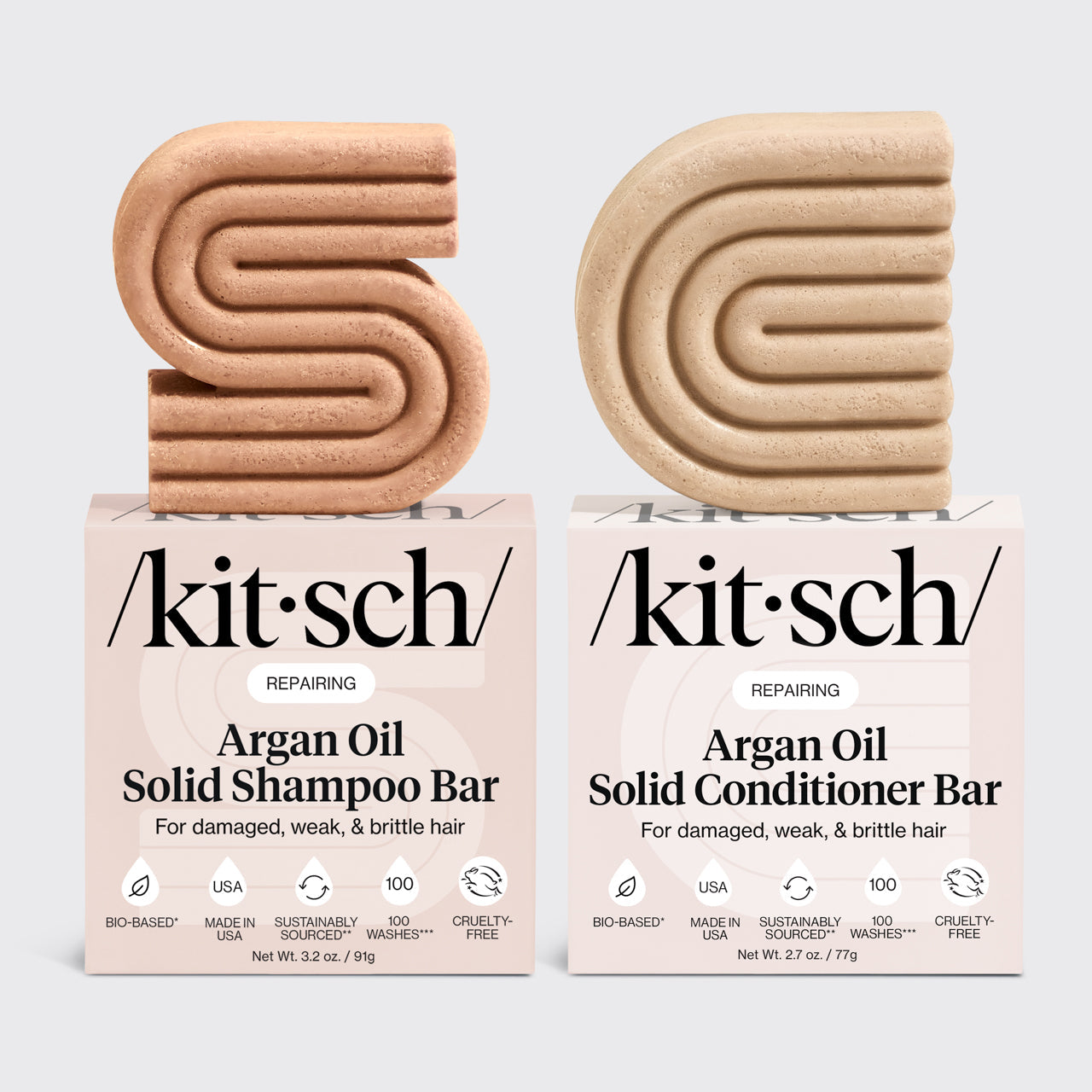 KITSCH Repairing Argan Oil Shampoo & Conditioner Bar Combo — hero product shot — Formulated with Everbond® clinically proven to help reverse and repair hair damage — free of parabens, phthalates, silicones and sulfates, pH balanced and safe for color-treated hair