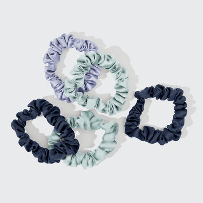 KITSCH Garden Bouquet Ruched Satin Scrunchies 5pc Set — product flat lay showing all 5 ruched satin scrunchies in garden bouquet palette — pink, lavender, sage, and floral tones