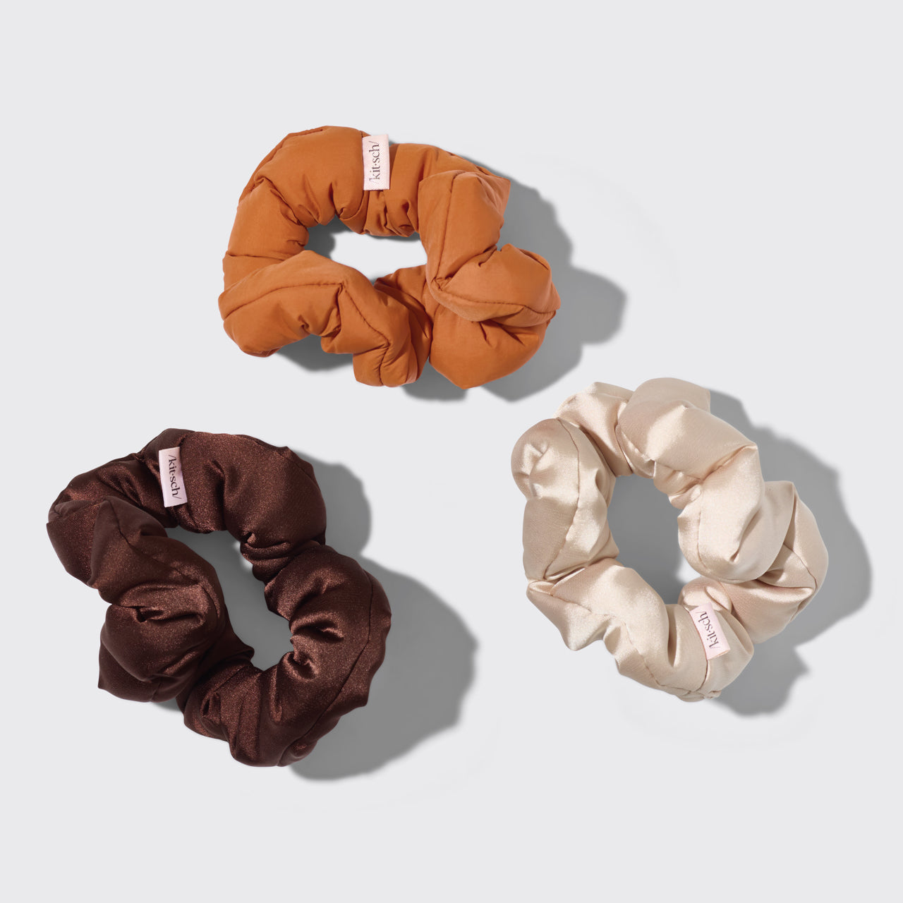 KITSCH Sedona Cloud Scrunchies 3pc Set — product flat lay of 3 Sedona cloud scrunchies — terracotta, rust, and warm brown tones made from eco-friendly recycled fabric