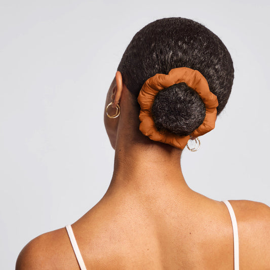 KITSCH Sedona Cloud Scrunchies 3pc Set — model wearing Sedona cloud scrunchie — cloud-soft design in warm earthy tones, gentle on all hair types and made from recycled fabric
