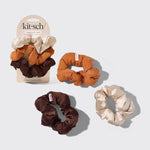 KITSCH Sedona Cloud Scrunchies 3pc Set — hero product shot — 3 super-soft cloud scrunchies in Sedona earthy tones — terracotta, rust, and warm brown for gentle all-day hold