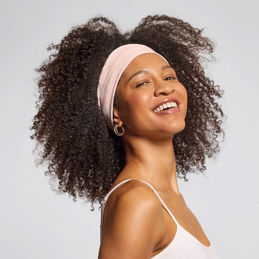 KITSCH Rosewood Active Headbands 3pc Set — model wearing rosewood active headband keeping hair back — includes three headbands in pretty rosewood-inspired neutral hues