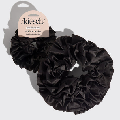 KITSCH Black Ruffle Scrunchie — hero product shot — voluminous ruffle design in black recycled fabric — adds playful texture to any ponytail or updo