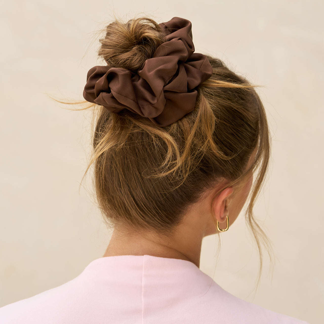KITSCH Black & Chocolate Oversized Scrunchies — model styling hair with scrunchie — Adds playful volume and instant style to any ponytail or bun — perfect for casual, work, or photo-ready looks