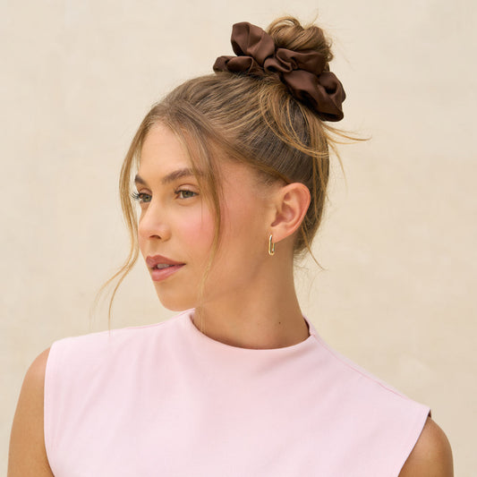 KITSCH Black & Chocolate Oversized Scrunchies — model wearing scrunchie — Gentle on hair to prevent creases, pulling, and breakage — stretchy elastic fits all hair types