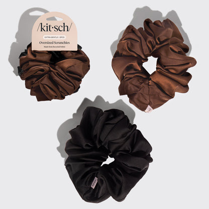 KITSCH Black & Chocolate Oversized Scrunchies — hero product shot — Adds playful volume and instant style to any ponytail or bun — made from soft recycled fabric for eco-friendly style