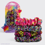 KITSCH Lisa Frank x Kitsch Ruched Satin Scrunchies in Rainbow Leopard — hero product shot — vibrant rainbow leopard print ruched satin scrunchies — silky texture with gentle snag-free hold