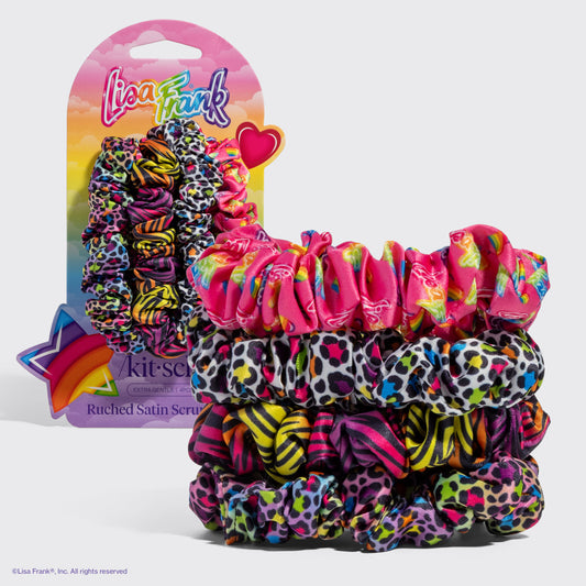 KITSCH Lisa Frank x Kitsch Ruched Satin Scrunchies in Rainbow Leopard — hero product shot — vibrant rainbow leopard print ruched satin scrunchies — silky texture with gentle snag-free hold