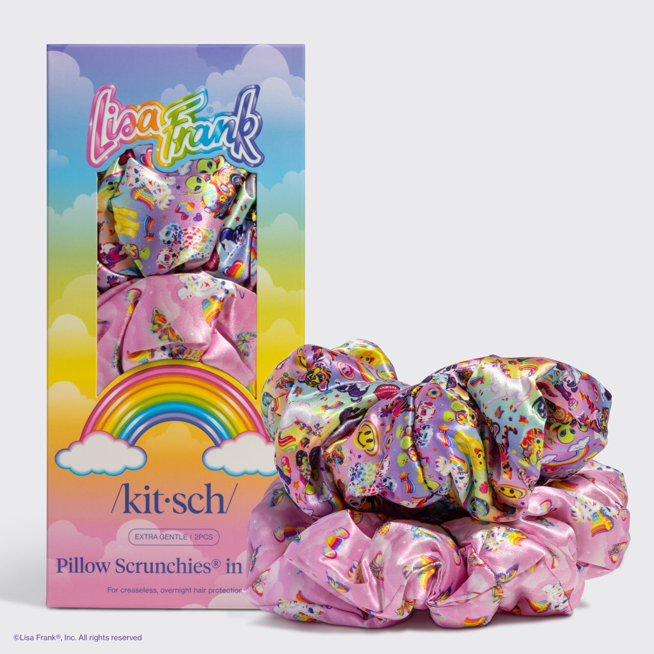 KITSCH Lisa Frank x Kitsch Pillow Scrunchies® in The Fantastic World of Lisa Frank — hero product shot — vibrant Lisa Frank x KITSCH collab in pillow-soft satin — gentle on hair overnight