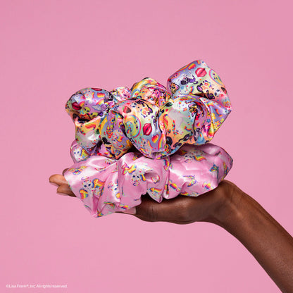 KITSCH Lisa Frank x Kitsch Pillow Scrunchies® in The Fantastic World of Lisa Frank — product flat lay showing Lisa Frank print — silky satin gentle enough to sleep in every night