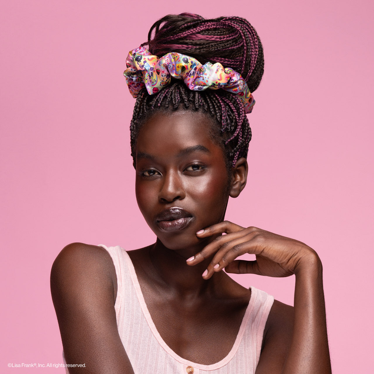 KITSCH Lisa Frank x Kitsch Pillow Scrunchies® in The Fantastic World of Lisa Frank — model wearing Lisa Frank satin pillow scrunchie — silky satin won't crimp or damage hair while you sleep