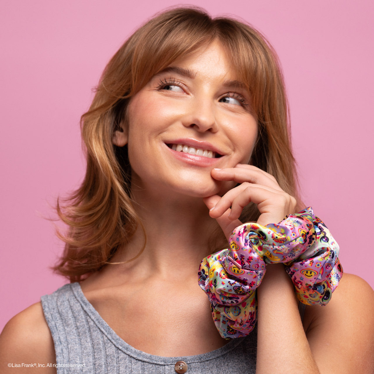 KITSCH Lisa Frank x Kitsch Pillow Scrunchies® in The Fantastic World of Lisa Frank — close-up detail of Lisa Frank rainbow print on satin — pillow-soft construction won't crimp hair