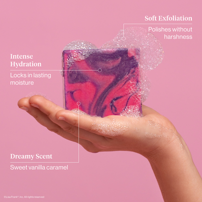 KITSCH Lisa Frank x Kitsch Dancing Dreams Body Wash Bar — creative product shot featuring Lisa Frank design — Sustainable and travel-friendly—no plastic, no spills, just a compact bar that lasts — recycled paper packaging, good for you, great for the planet