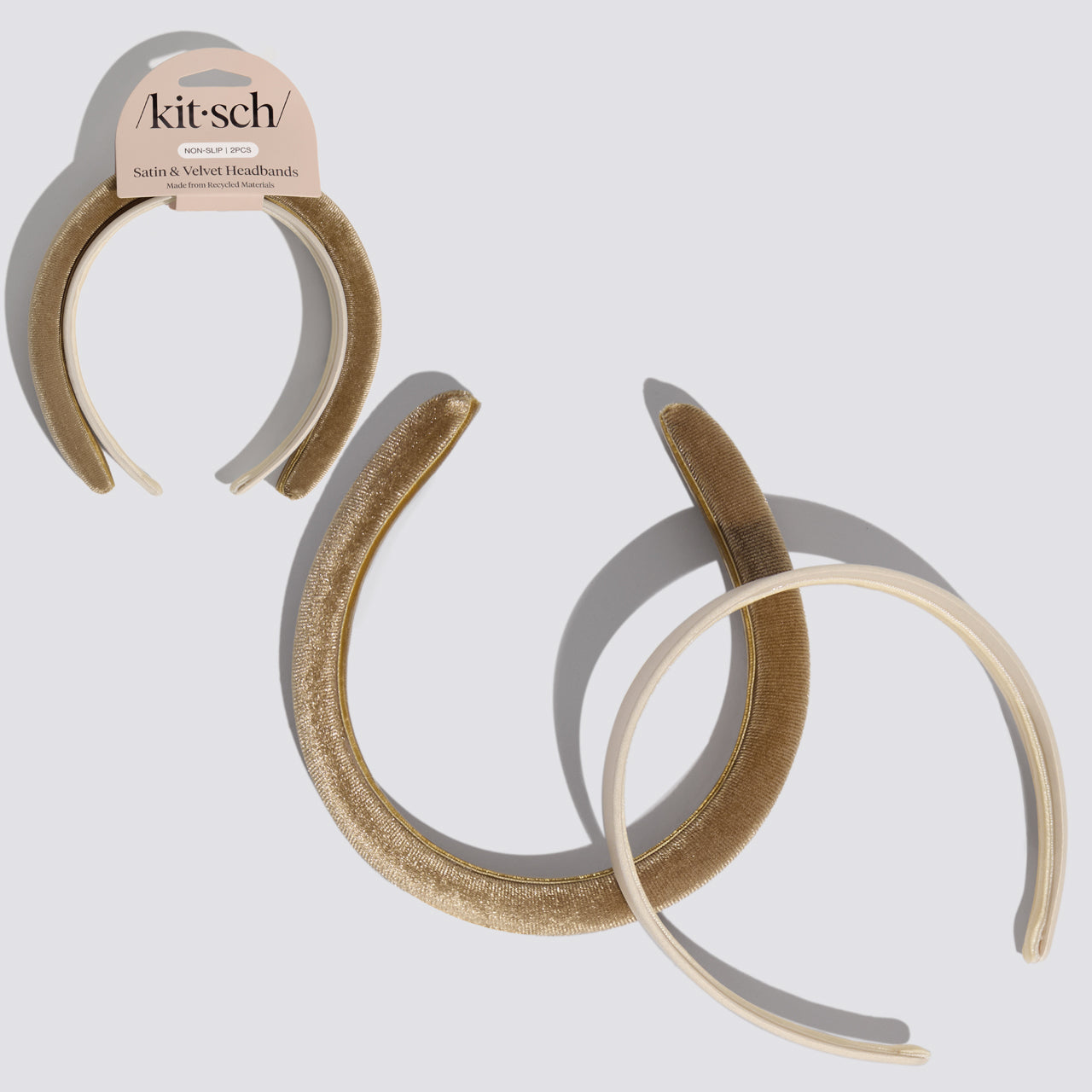 KITSCH Cream & Camel Satin & Velvet Headbands — hero product shot of satin and velvet headband duo in cream and camel — 2-piece set in soft neutral tones