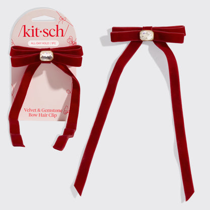 KITSCH Velvet Gemstone Bow Hair Clip Red — hero product shot