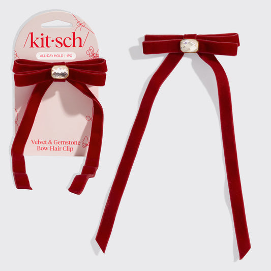 KITSCH Velvet Gemstone Bow Hair Clip Red — hero product shot