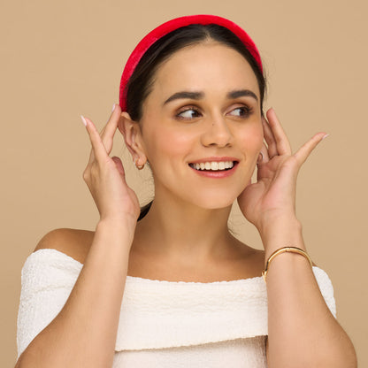 KITSCH Red, Pink & Green Velvet Headbands — lifestyle model shot wearing green velvet headband — lightweight and gentle on all hair types