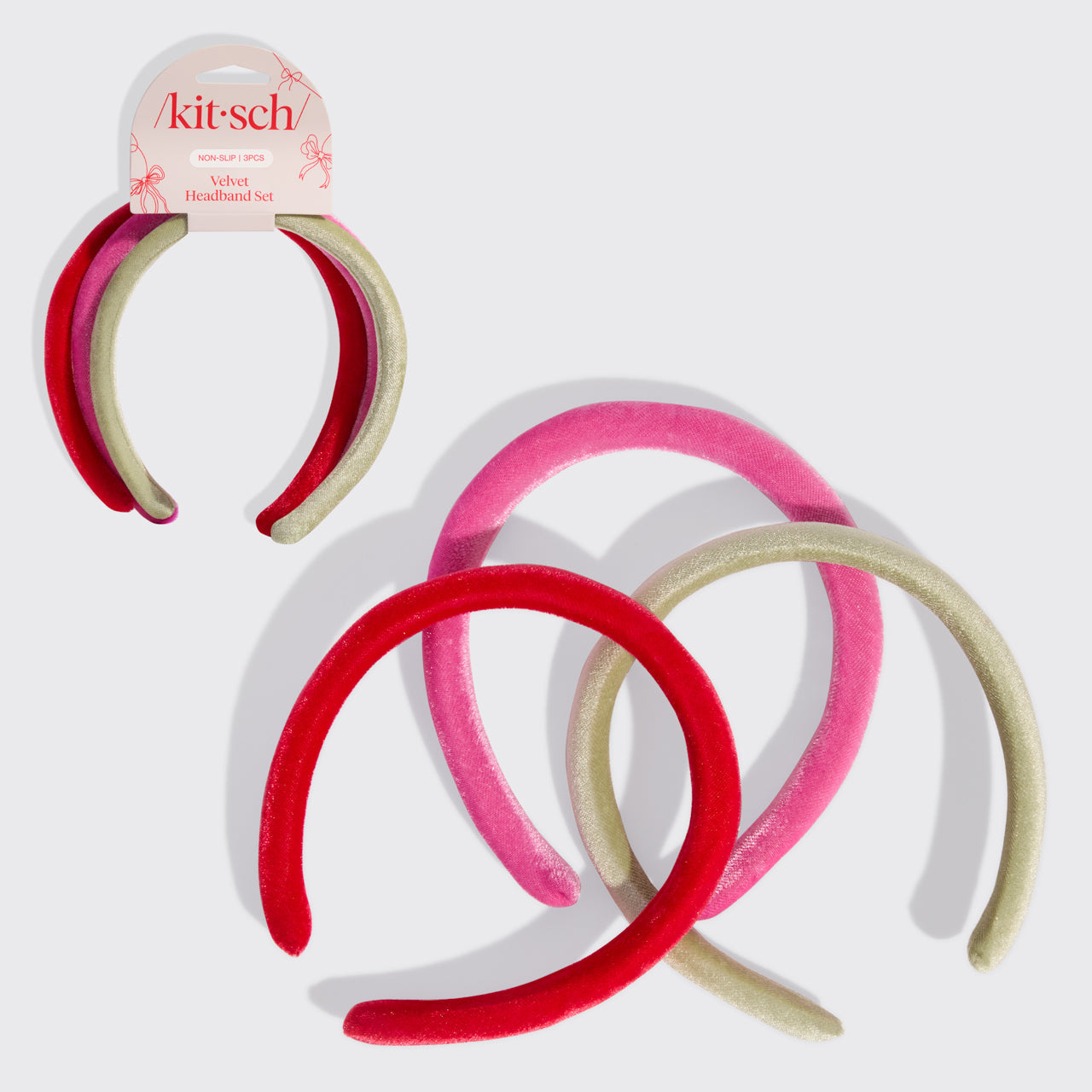 KITSCH Red, Pink & Green Velvet Headbands — hero product shot of velvet headbands in red, pink, and green — 3-piece set in classic festive hues