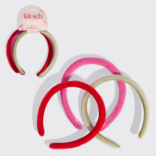 KITSCH Red, Pink & Green Velvet Headbands — hero product shot of velvet headbands in red, pink, and green — 3-piece set in classic festive hues