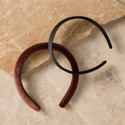 KITSCH Black & Chocolate Satin & Velvet Headbands — creative product shoot of black and chocolate headband set — comfort-fit design stays in place without pinching