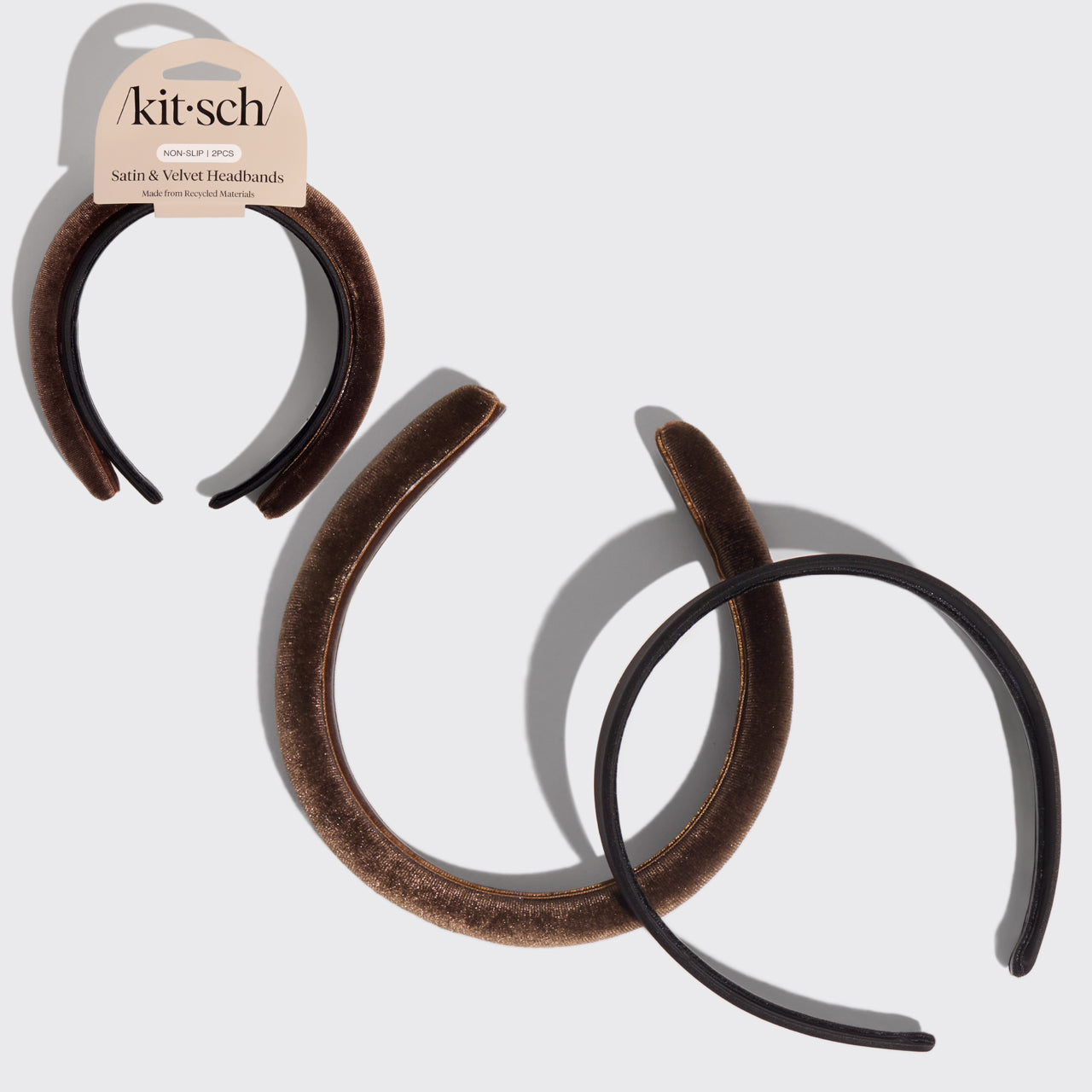 KITSCH Black & Chocolate Satin & Velvet Headbands — hero product shot of satin and velvet headband duo in black and chocolate — 2-piece set in chic neutral tones